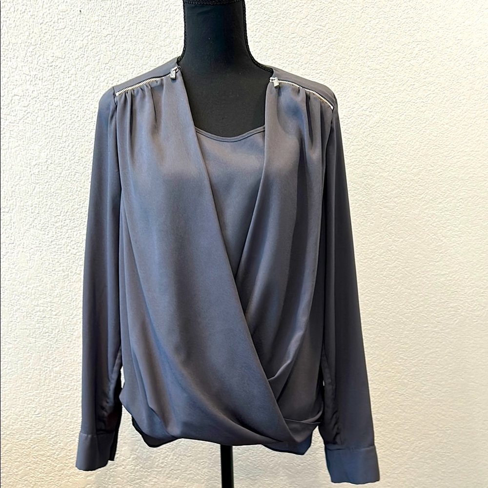 Calvin Klein Gray Wrap Blouse with Long Sleeves